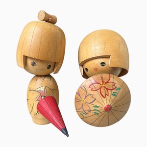 Poupées Kokeshi Vintage avec Parasol, Japon, 1960s, Set de 2