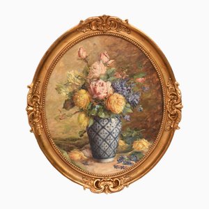 Marie Antoinette Queroy, Oval Still Lifes with Roses, Early 20th Century, Oil on Canvases, Set of 2