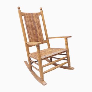 Rocking Chair Vintage en Chêne et Rotin, 1960s