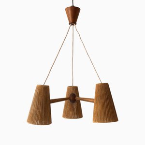 Mid-Century Modern Sisal and Teak Pendant Lamp from Temde Leuchten, 1960s