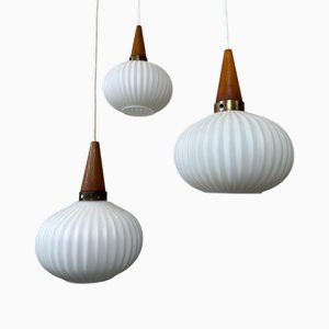 Japani Hängelampen aus Teak und Opalglas, 3er Set