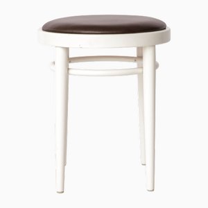 Vintage Stool in White Lacquered Wood and Brown Leather from Thonet, 1990s