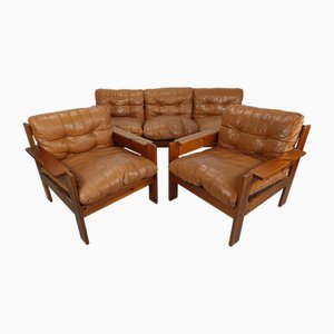 Vintage Pine and Tan Leather Living Room, 1970s, Set of 3