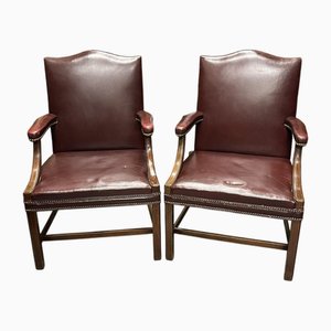 Set of Burgundy Leather Armchairs in Mahogany Frames