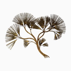 Large Mid-Century Modern Brutalist Brass and Tree Needle Wall Sculpture, 1980