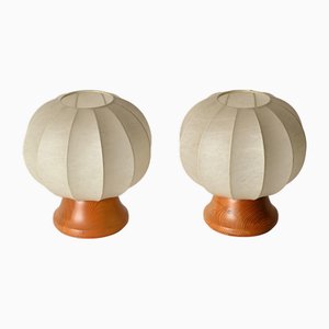 Achille Castiglioni zugeschriebene Mid-Century Cocoon Tischlampen mit Eichenfuß für Flos, Italien, 1960er, 2er Set