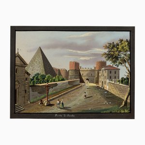 Artista de la escuela italiana, Porta San Paolo, Murallas Aurelianas, Roma, principios del siglo XIX, Gouache