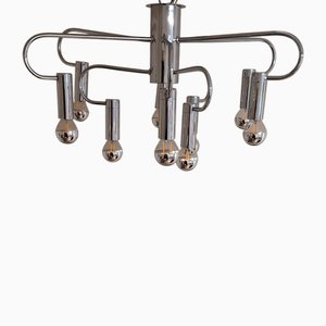 9-Light Flat Chandelier with Curved Chrome-Plated Metal Frame, 1970s