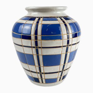 Vaso vintage in terracotta smaltata blu e bianca con decoro geometrico, anni '50