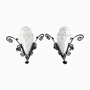 Art Deco Wrought Iron Wall Sconces from Verrerie d'Art Degué, France, 1930s, Set of 2