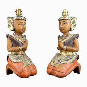 Lampade scultoree in legno policromo, Indonesia, anni '70, set di 2