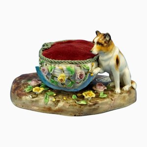 19th Century Porcelain Dog Pincushion from Ernst Bohne & Sohne Rudolstadt, Germany
