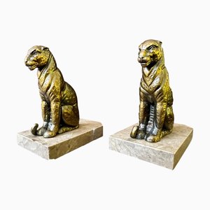 Sujetalibros Panther Art Déco de Spelter y mármol de Jamar, France, años 30. Juego de 2