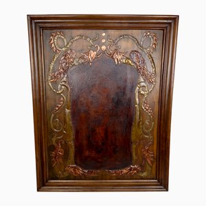 Art Nouveau La Fontaines Fable Panel with The Crow and the Fox Motif in Repoussé Leather and Dinanderie, 1890s