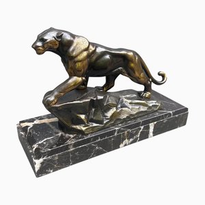 Art Deco Panther Sculpture in Spelter and Marble, 1930s