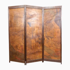 Art Nouveau / Art Deco Pyroengraved Screen with Medieval Mediterranean Townscape, 1930s