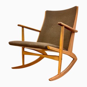 Moderner Dänischer Mid-Century Teak Schaukelstuhl mit Braunem Wollbezug von Holger Georg Jensen Kubus, Dänemark, 1960er