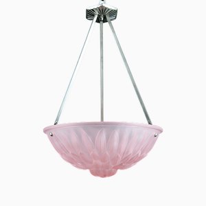 Art Deco Bowl Pendant Light in Pressed Molded Glass with Floral Motif and Silvered Bronze Mount, France, 1930s