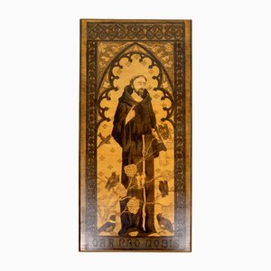 Art Nouveau Pyrography Panel with Religious Theme of St. Francis Speaking to the Birds, Early 20th Century