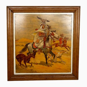 Pyrography Panel with Arab Horseriders Hunting with Falcons and Greyhounds, France, 1900s