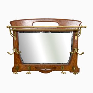 Art Nouveau Wall-Mounted Coat Rack in Oak and Burl Elm with Bronze Hooks and Beveled Mirror, 1900s