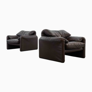 Poltrone Maralunga in pelle marrone scuro di Vico Magistretti per Cassina, set di 2