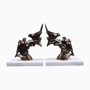 Serre-Livres Oiseau Sculptural Art Déco en Régule et Marbre par Frécourt, 1930s, Set de 2