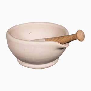 Large English Ceramic and Beech Mortar & Pestle, 1910, Set of 2