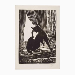 Giselle Halff, Katze, Holzschnitt von Giselle Halff, Mitte des 20. Jahrhunderts