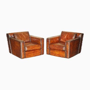 Art Deco Whiskybraune Leder Clubsessel, 2er Set