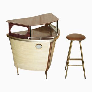 Italian Home Cocktail Boat Bar and Stool from Umberto Mascagni Bologna, 1950s, Set of 2