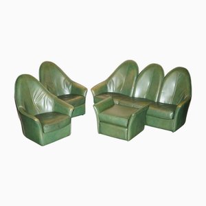 Skulpturales grünes Ledersofa, Sessel & Ottomane, 1970er, 4er Set