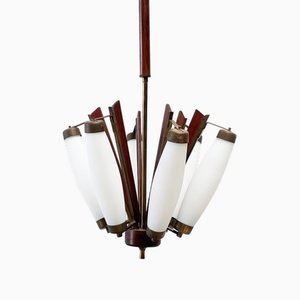 Lustre en Teck et Laiton, Italie, 1950s