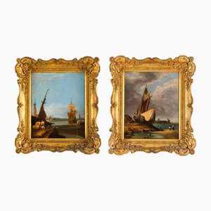 Coastal Scenes, Oil Paintings, 19th Century, Set of 2