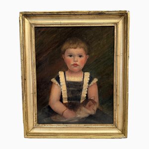 Young Child Carrying His Cat, 19th Century, Oil on Canvas, Framed