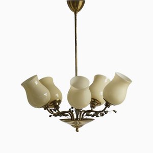Chandelier in Brass and Glass by Lisa Johansson-Pape for Stockmann, 1940s