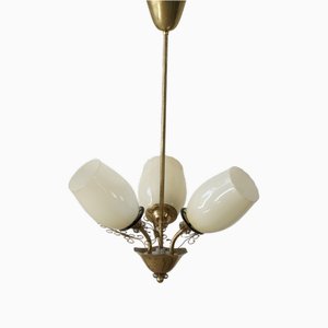 Vintage Three-Arm Chandelier in Brass and Glass by Paavo Tynell for Idman OY, 1940s