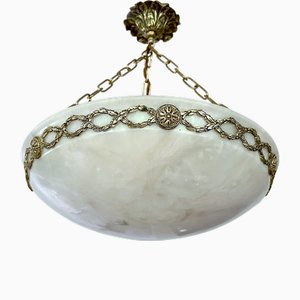French Art Deco Alabaster and Bronze Pendant Light, 1930s