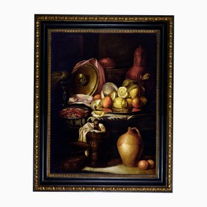 Giovanni Perna, Italie Nature morte aux fruits, poterie et plateau en argent, 1970, huile sur toile, encadré