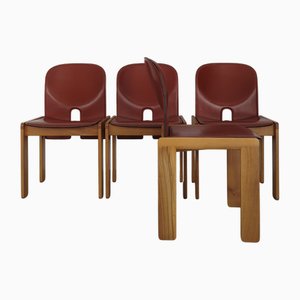 Leather Wood Dining Chairs Model 121 by Afra & Tobia Scarpa, Italy, 1980s, Set of 4