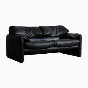 Canapé Deux Places en Cuir Noir par Vico Magistretti pour Cassina Maralunga, 1980s