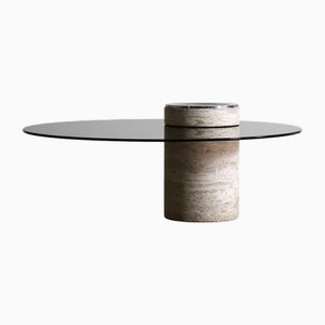 Vintage Travertine and Smoked Glass Coffee Table, France, 1970s