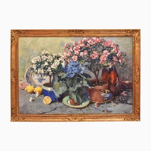 Victor Wagemaekers, Bodegón con rosas rosadas y azalea, óleo sobre lienzo, siglo XX, enmarcado