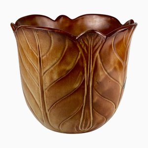 Brown Earthenware Flowerpot with Ribbed Leaf Effect, 1960s