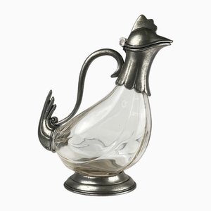 Brocca a forma di gallo zoomorfa in vetro e peltro, anni '30