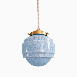 Lampe à Suspension Art Déco en Verre Moucheté Bleu, 1920s-1930s