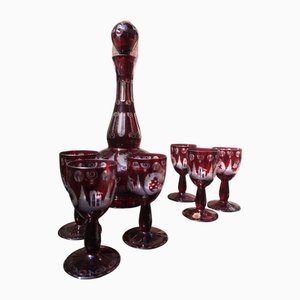 Ruby Red Crystal Decanter and Glasses, Set of 7