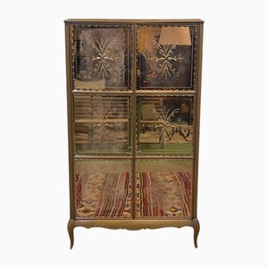 Art Deco Mirrored Cabinet in Beech and Doors and Sides Covered with Églomisé Mirrors, 1950s