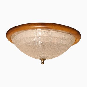 Flat Vintage Ceiling Lamp with Curved Ice Glass Shade on Ash Wood Mount with Brass Bracket, 1990s