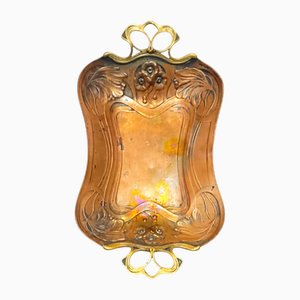 Antique Art Nouveau Embossed Brass Tray with Openwork Handles